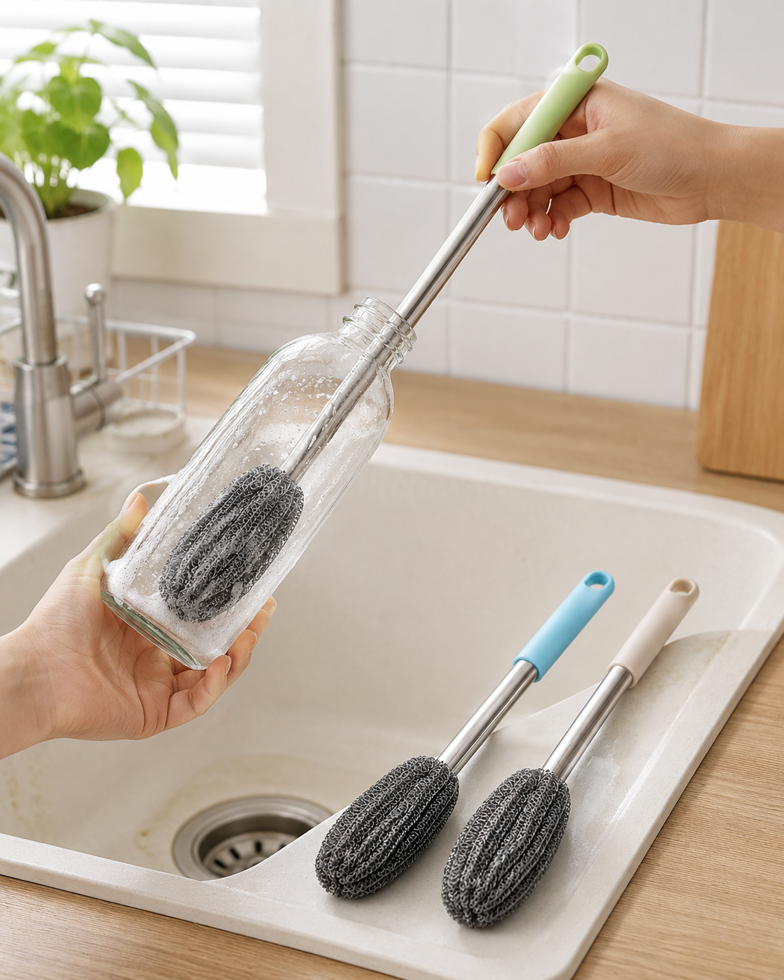 Long Handle Bottle Cleaning Brush – Stainless Steel Multipurpose Scrubber
