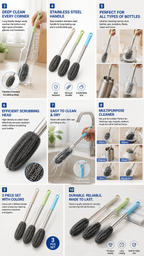 Long Handle Bottle Cleaning Brush – Stainless Steel Multipurpose Scrubber