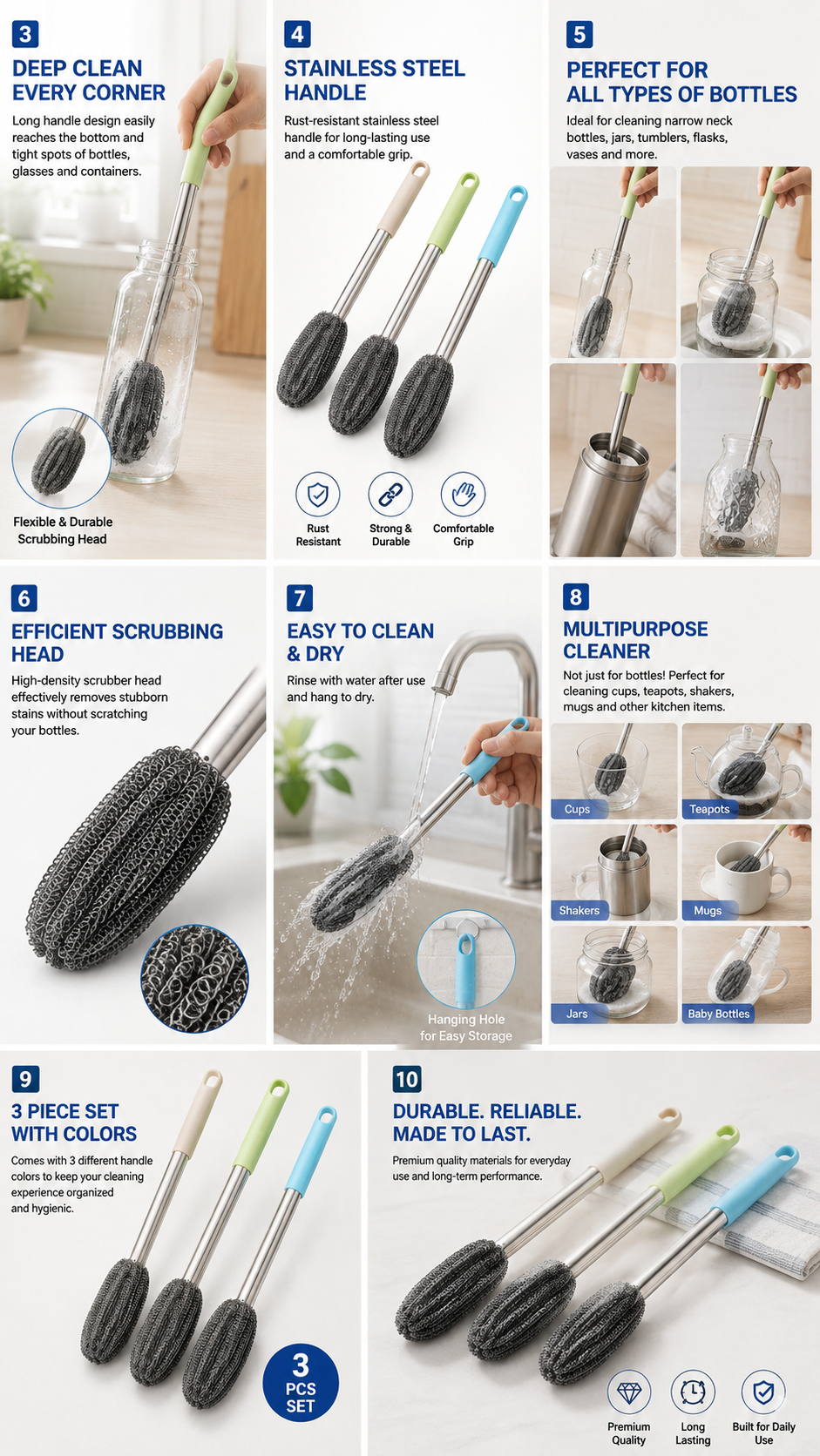 Long Handle Bottle Cleaning Brush – Stainless Steel Multipurpose Scrubber