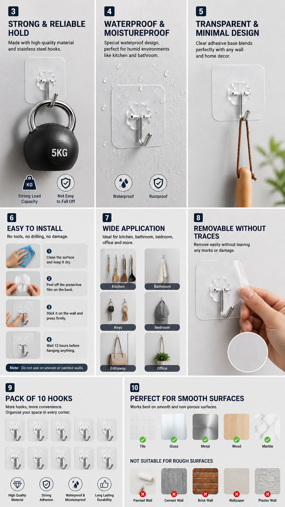 Adhesive Screw Sticker Wall Hooks – Pack of 10 Transparent Hooks