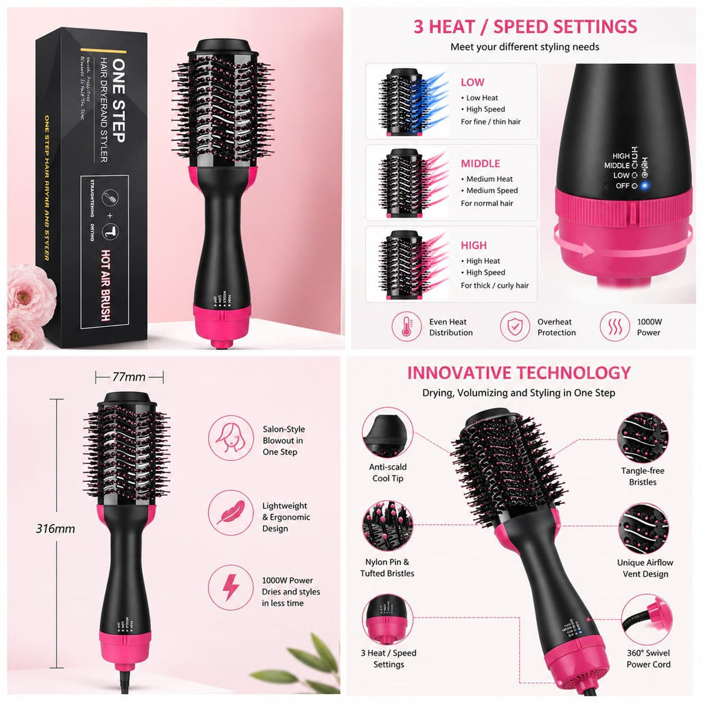 One Step 3 in 1 Hot Air Brush Dryer Straightener