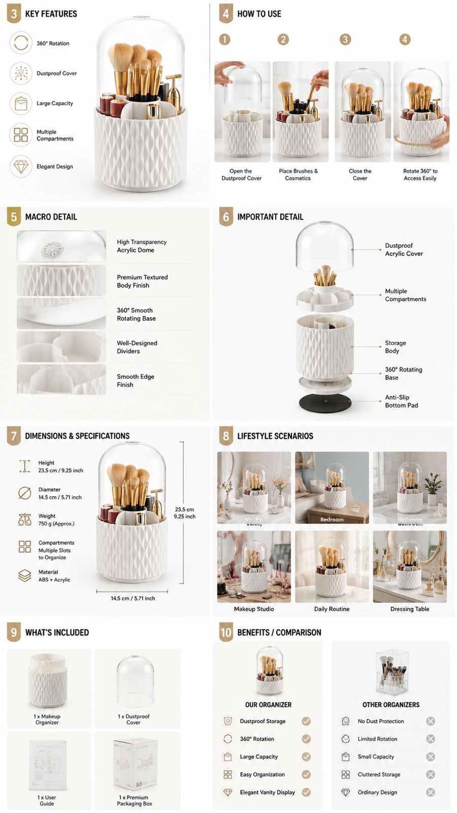 360 Rotating Dustproof Makeup Brush Organizer