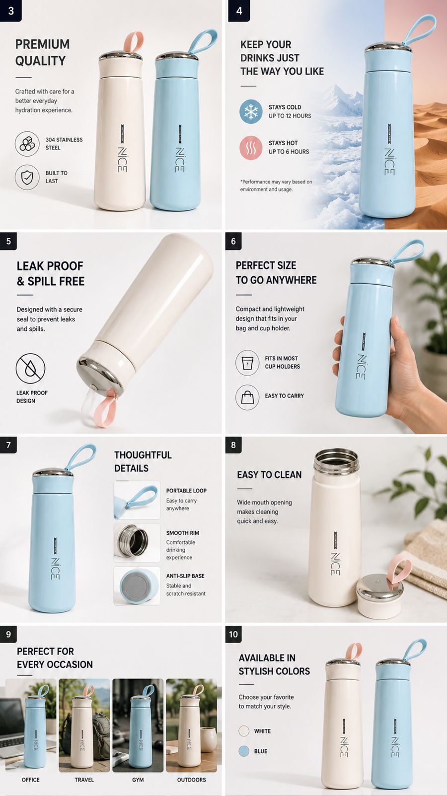 NICE Portable Double-Walled Water Bottle – Vacuum Flask Travel Cup