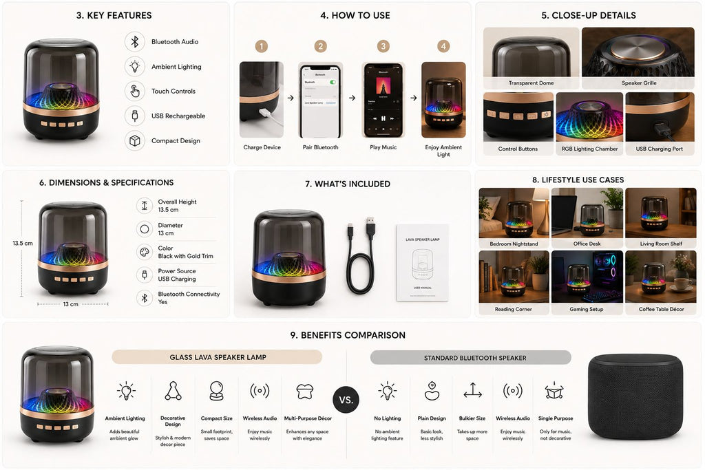 Glass Lava Speaker Lamp – Wireless Bluetooth Speaker with Ambient Light