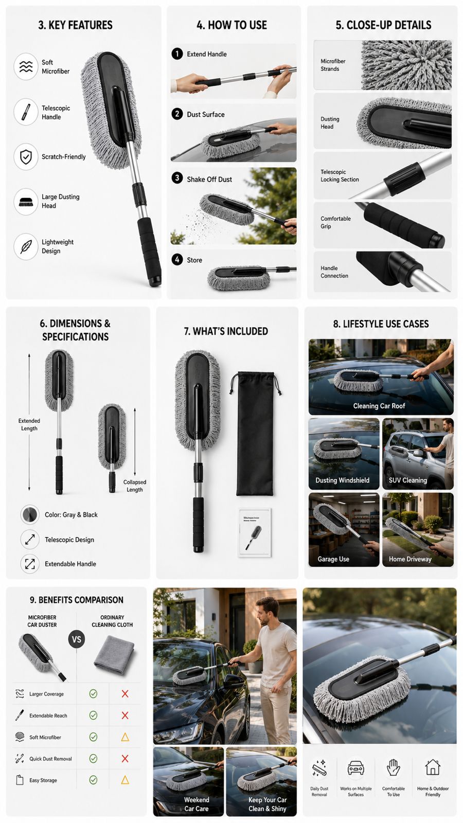 Microfiber Car Duster Brush – Extendable Lint-Free Cleaning Brush