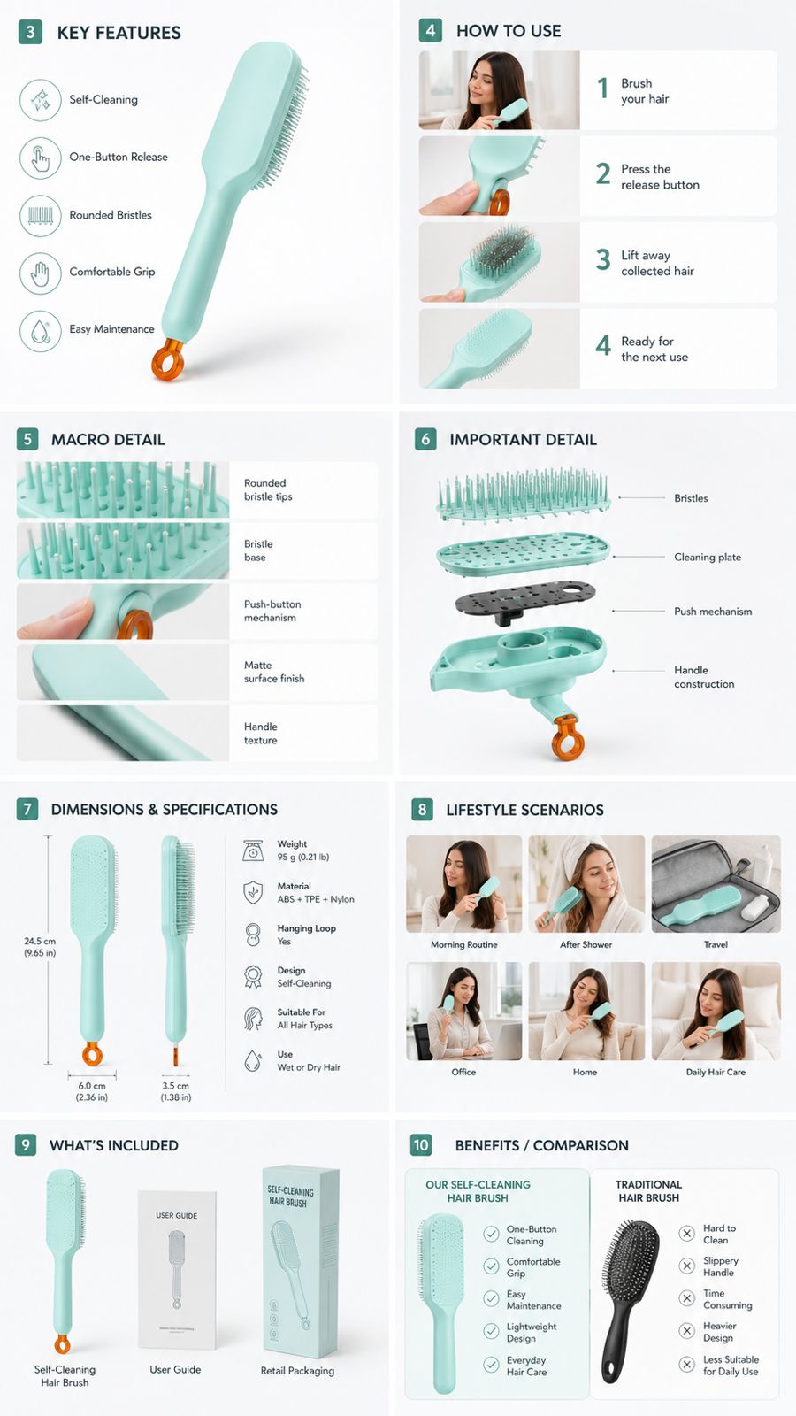 Self-Cleaning Retractable Detangling Hair Brush