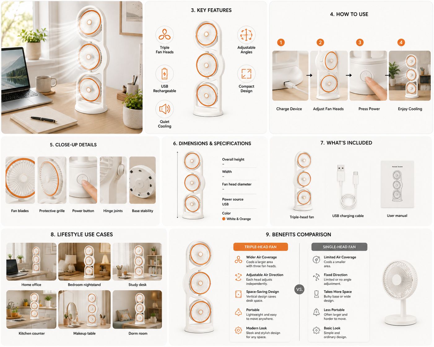 3-Head Foldable Tower Fan – 360° Oscillating with LED Modes